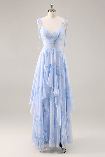 Blue Floral A Line Chiffon Long Bridesmaid Dress with Ruffles